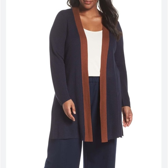 New Eileen‎ Fisher Long Knit Navy Contrast Trim Side Slit Cardigan Large Petite